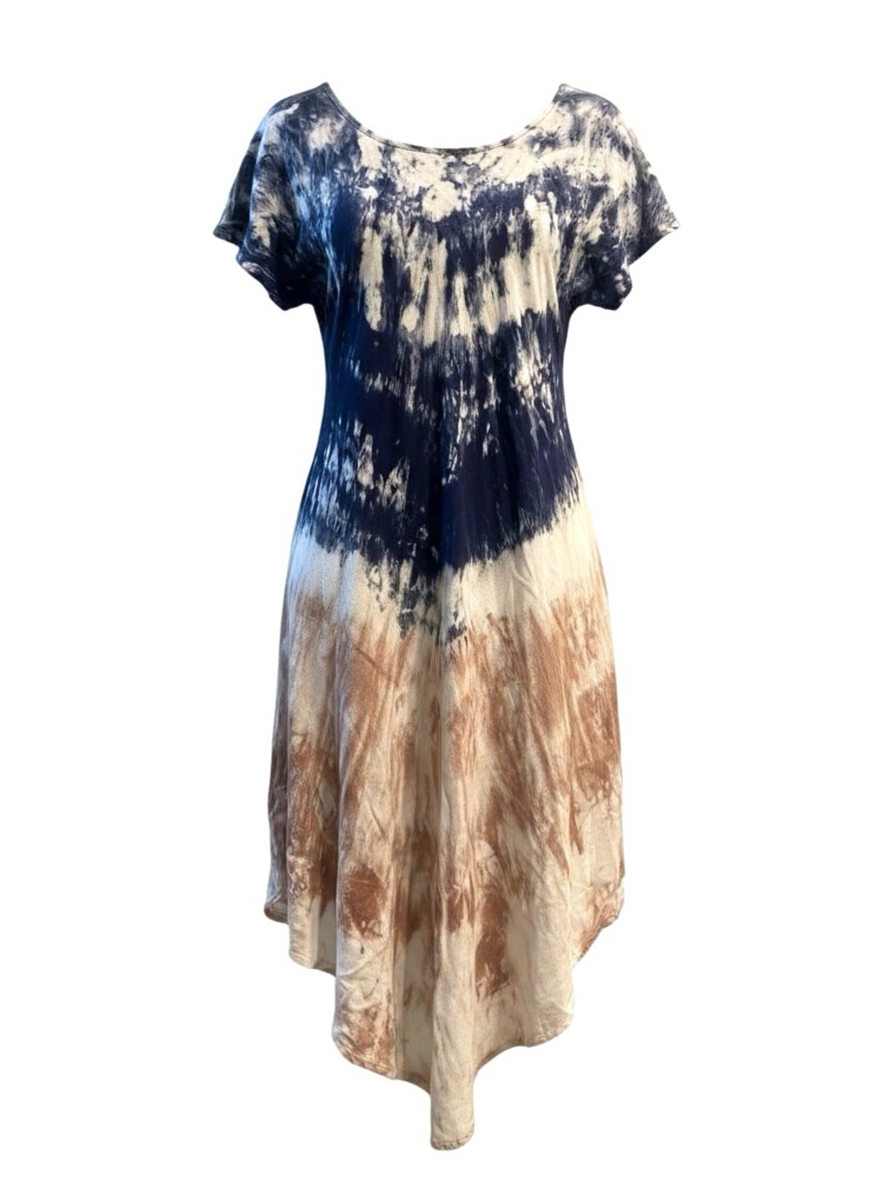 Tie-Dye Short Sleeve Midi Dress in Navy, Cream & Brown